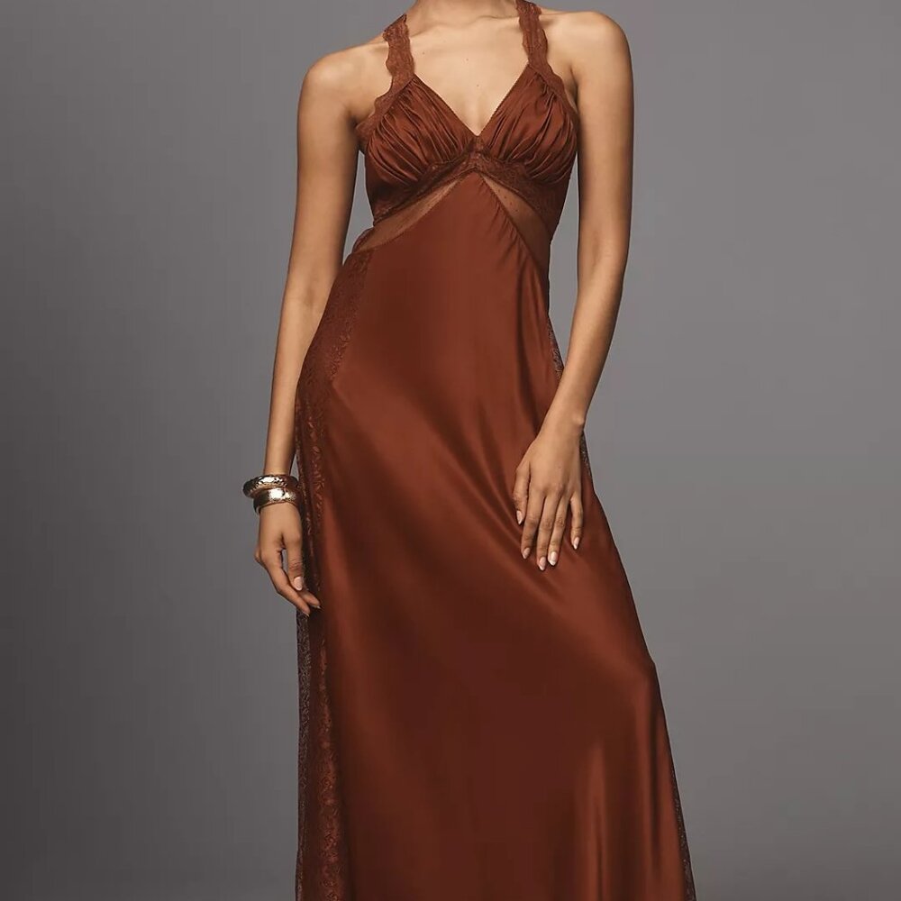 Maeve V-Neck Satin Lace Midi Dress